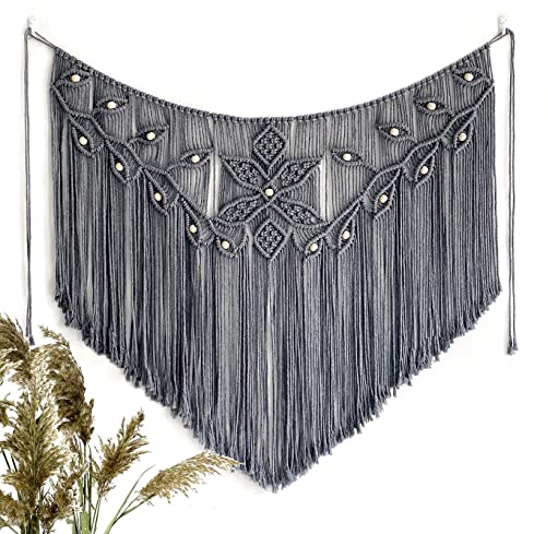Youngeast Macrame Wall Hanging Large Macrame Curtains Leaf Shape Beads Wall Decor Boho Tassel Wall Art Woven Tapestry Headboard Backdrop Gray - color: Gray