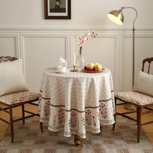 ISAENNE Designer Vintage Linen Floral Round Tablecloth,Fall Colorful Modern Table Cloth,Anti-Wrinkle Decor Tablecloths for Dining Thanksgiving Kitchen Christmas,Diameter 67"-Bertina E - color: Bertina E, size: 67" (Round)