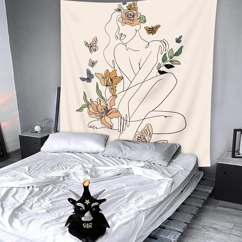SVBright Abstract Woman Fabric Wall Hanging Tapestry 51Wx59H Inch Simple Modern Butterfly Flower Leaves Minimalist Art Line Plant Aesthetic Portrait Sketch Home Decor Art for Living Room Bedroom Dorm - color: Modern Abstract Woman, size: 59"L x 51"W