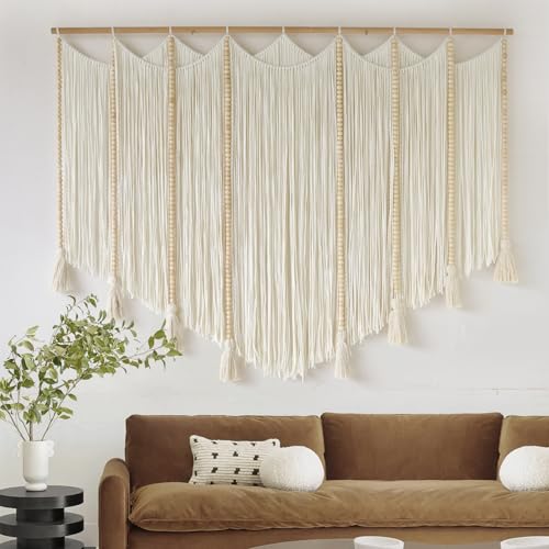 Jakalin Macrame Wall Hanging White Beads Boho Wall Decor for Living Room Bedroom or Nursery Texture Yarn Wall Art 57" W × 43" L - color: White