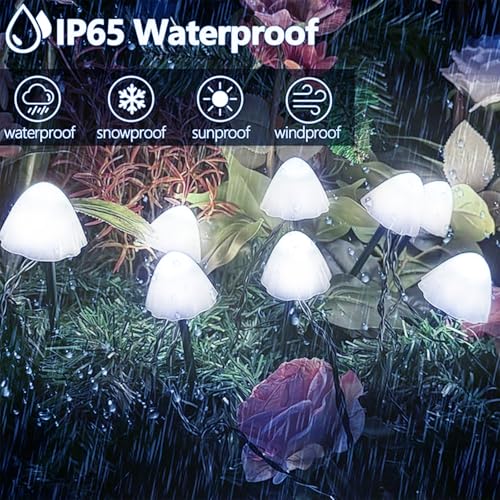OZS 2PK 32LED 55FT Mushroom Solar Garden Lights Outdoor, Solar String Lights Waterproof with 8 Lighting Modes, Solar Garden Decor for Outside, Pathway Light for Yard Decoration (Cool White) - color: Mushroom-Cool White