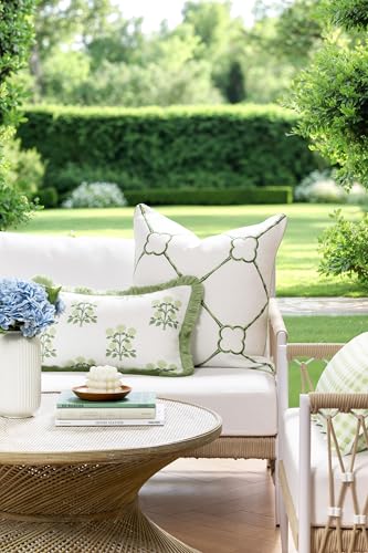 Hofdeco Premium Grandmillennial Coastal Hampton Patio Indoor Outdoor Throw Pillow Cover Only, 22"x22" Water Repellent for Backyard, Couch, Poolside, Grass Green Print Bamboo Trellis - color: Grass Green Bamboo Trellis 22"x22"