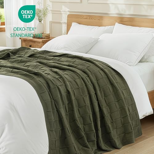 Whale Flotilla Checkered Knit Throw Blanket for Couch, Soft Decorative Knitted Blankets for Sofa Bed, Lightweight Cozy Throws for Spring Summer, 50x60 Inch, Olive - color: Olive, size: 50x60 Inch