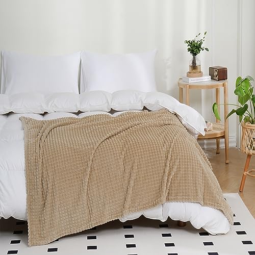 Khaki White Throw Blanket 50"×70" Decorations Fleece Super Soft Plush Fuzzy Cozy Blanket with Square 3D Jacquard Grid Design Luxury Lightweight for Couch Sofa Chair - color: Khaki, size: 50"×70"