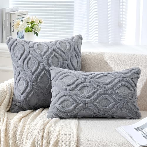 MIULEE Grey Blue Throw Pillow Covers 18x18 Inch, Soft Winter Plush Faux Wool Couch Pillow Covers Set of 2 Decorative Farmhouse Boho Throw Pillows for Sofa Living Room Bed - color: Grey Blue, size: 18" x 18" (Pack of 2)