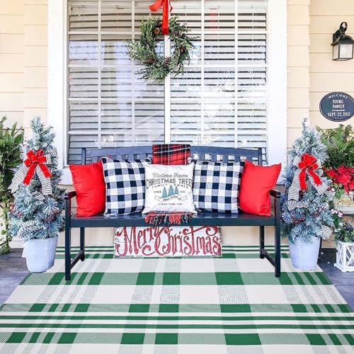 Christmas Plaid Outdoor Rug, 4' x 6' Green&White Checkered Indoor/Outdoor Area Rug, Layering Rug for Hello/Welcome Door Mat, Machine Washable Cotton Woven Rug for Farmhouse Front Porch, Entryway - color: Green & White Plaid X, size: 4' x 6' (Rectangular)