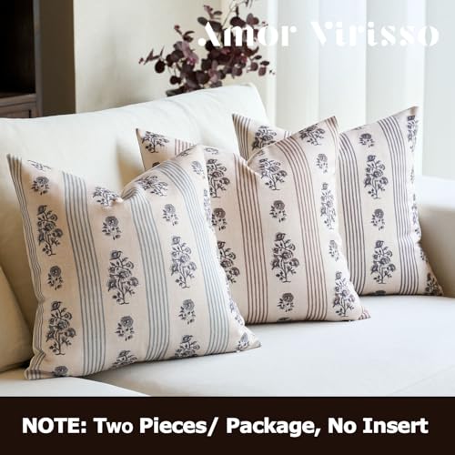 Amor Virisso Floral Throw Pillow Covers 24x24 Set of 2 Block Print Pillow Covers Neutral Floral Striped Farmhouse Decorative Pillow Covers for Sofa Couch Bed, Light Taupe - color: Light Taupe, size: 24" x 24" (Pack of 2)
