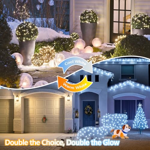 Warm White and Cool White Color Changing Solar String Lights for Outside, 2 Pack 400LED Solar Fairy Lights Outdoor Waterproof, Copper Wire with 8 Modes Solar Twinkle Lights for Tree Garden Party - color: Warm White to Cool White, size: 2 Pack-400LED