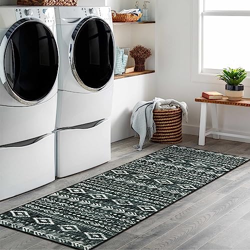Lahome Moroccan Washable Hallway Runner Rug 2x6, Vintage Black Boho Kitchen Runner Rug Non Slip, Low Pile Soft Farmhouse Tribal Print Carpet Runner for Hallways Entryway Bathroom Laundry Varena - color: Black/White, size: 2' x 6'