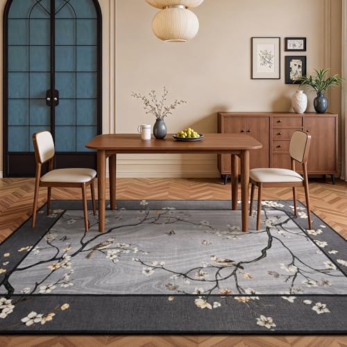 4x6 Area Rug for Living Room, Oriental Floral Birds Washable Rugs for Bedroom, Soft Low Pile Non Slip Carpet for Dining Room Kids Room Nursery Office Home Decor, Grey - color: Grey, size: 4' x 6' (Rectangular)
