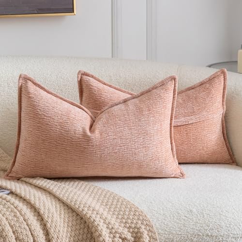 MADIZZ Pack of 2 Decorative Throw Pillow Covers Soft Chenille Throw Pillows Solid Textured Cushion Covers for Couch Sofa Bedroom Living Room 20x12 Inch, Peach - color: Peach, size: 20" x 12" (Pack of 2)