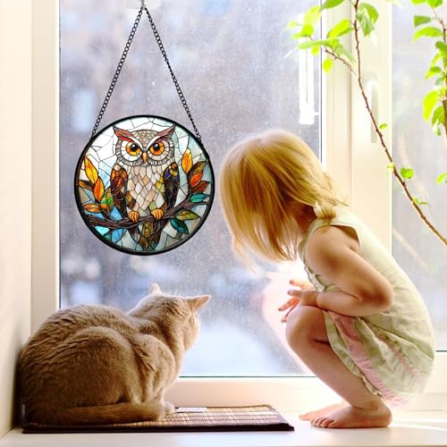 DASTOLL Stained Glass Window Hanging, Owl Colorful Leaves Birds Sun Catchers Diamond Glass Panel Hangings Suncatcher Decor for Birthday for Women, Men, Wife, Aunt, and Mom 7.8 in - color: Brown, size: 7.8x7.8 IN