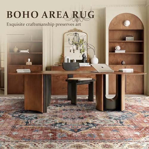 Deerly Large Washable Living Room Rugs 9x12 Boho Vintage Area Rug Indoor Bedroom Carpet with Non Slip Rubber Backing for Under Dining Table Office Farmhouse, Brickred/Multi - color: Brickred & Multi, size: 9' x 12' (Rectangular)