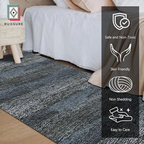 RUGSURE Washable Area Rug - 1/6 Thick - Stain & Water Resistant Non-Slip - Resistant Rug for Living Room, Bedroom, Nursery, Pet & Child Friendly, Vintage Charm Area Rugs (Darkgrey+Bule, 2'6'' x 8') - color: Depth-darkgrey+bule, size: 2'6" x 8' (Rectangula
