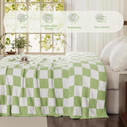 Whale Flotilla Checkered Knit Blanket Twin Size, Ultra Soft Warm Reversible Cozy Decorative Blankets for Couch Sofa and Bed, 60x80 Inch, Light Green - color: Light Green Checker, size: 60x80 Inch