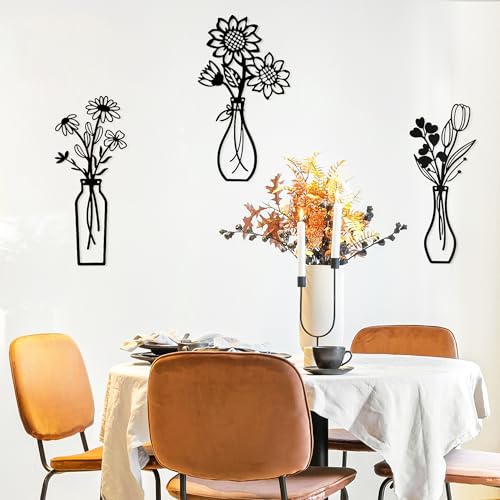 Mcdagogn 3 Pieces Metal Flowers Wall Arts - Rustic Farmhouse Wall Decor, Minimalist Black and White Wall Decor for Living room Bathroom Bedroom Dining Room Kitchen Office - Housewarming Gifts - color: Black 1