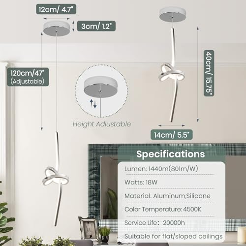 ADISUN Modern LED Pendant Light, Spiral Pendant Lights Kitchen Island, 4500K Neutral Light, Adjustable Height, Pendant Light Fixtures for Living Room Bedroom Hanging Light(Chrome) - color: Chrome-Neutral