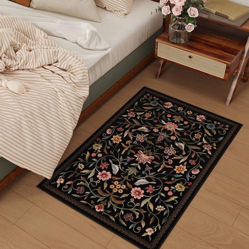 Vintage Medallion Floral Indoor Door Mat 2x3, Machine Washable Entryway Rug, Low Pile Soft Small Carpet, Non-Slip Area Rug for Entrance, Bedroom, Kitchen & Kids Room | Black - color: Black, size: 2' x 3' (Rectangular)