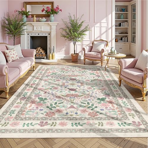 Deerly Floral Rug 5x8 Vintage Boho Washable Non-Slip Living Room Carpet Soft Low Pile Thin Bedroom Floor Mat Indoor Home Decor for Dining Room Playroom Nursery Farmhouse, Beige/Light Pink/Multi - color: Beige/Light Pink/Multi, size: 5' x 8' (Rectangular)