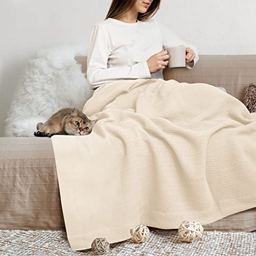 Organic GOTS Certified Cotton Blanket, Twin/Twin XL - 350 GSM, Antistatic, Fuzzy Soft, Lightweight, Sofa, Camping & Travel, All-Season Herringbone Throw, Ivory/Cream + Stylish Bonus Tote Bag - color: Herringbone - Ivory/Cream, size: Twin / Twin XL