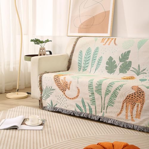 LumiSyne Double-Sided Cotton Woven Throw Blanket with Tassel Jungle Bohemian Style Tapestry Shawl Multi-Function Decorative Throws for Sofa Bed Armchair Camping Blanket Tablecloth Carpet 160x130cm - color: Leaves and Leopards