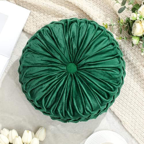 Drydiet 1 Pcs Round Throw Velvet Pillows Decorative Pleated Throw Pillows Diameter Accent Pumpkin Boho Chair Cushion for Couch Sofa Home Decoration (Deep Teal,15'') - color: Deep Teal, size: 15''