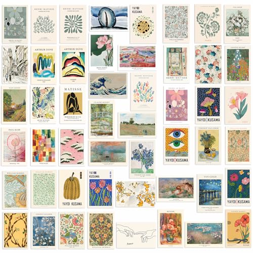 KBKBART Eclectic Wall Decor, 50Pcs Eclectic Wall Art Prints, Colorful Maximalist Decor Boho Gallery Wall Collage Kit, Vintage Famous Artists Painting Pictures Aesthetic Poster for Funky Room Decor, Home Decor for Bedroom Dorm - color: Eclectic, size: 4x6