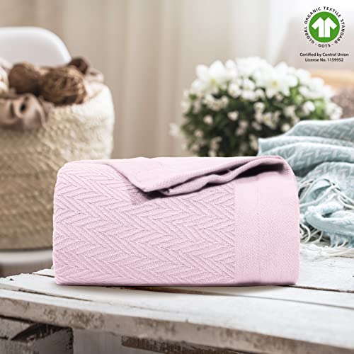 THREAD SPREAD Organic GOTS Certified Cotton Blanket, Twin/Twin XL - 350 GSM, Antistatic, Fuzzy Soft, Lightweight, Sofa, Camping & Travel, All-Season Herringbone Throw, Blush + Stylish Bonus Tote Bag - color: Herringbone - Blush, size: Twin / Twin XL