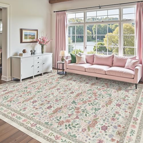 Deerly Vintage Washable Extra Large Area Rug 10x12 for Living Room Floral Rug Soft Low Pile Indoor Carpet for Bedroom Boho Non-Slip Floor Mat for Dining Room Playroom, Beige/Light Pink/Multi - color: Beige/Light Pink/Multi, size: 10' x 12' (Rectangular)