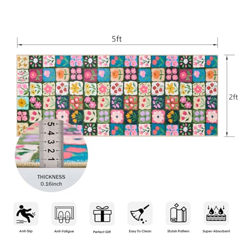 Vintage Floral 2x5 Runner Rugs Non Slip, Thin Country Colorful Flowers Botanical Indoor Entryway Rug Washable, Cute Boho Aesthetic Runner Carpet for Kitchen Bedroom Laundry Bathroom - color: Multicolored, size: 2'x5'