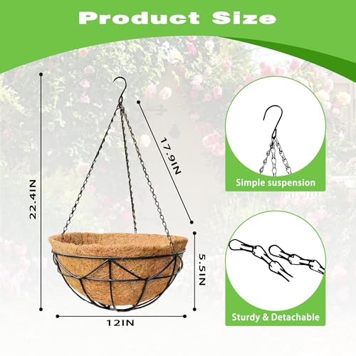 2 Pack 12 Inch Black Metal Hanging Basket Hanging Planter with Coco Coir Liner Heavy Duty Hanging Flower Pot Holder for Indoor Outdoor Patio Garden Porch Balcony Decor (Geometric) - color: Geometric