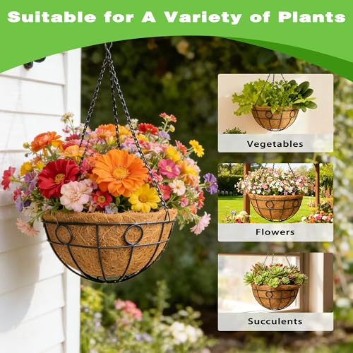 2 Pack 12 Inch Black Metal Hanging Basket Hanging Planter with Coco Coir Liner Heavy Duty Hanging Flower Pot Holder for Indoor Outdoor Patio Garden Porch Balcony Decor (Round) - color: Round