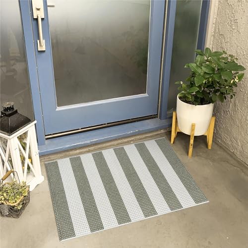 Green and White Striped Rug-2x3 Front Door Mat Outdoor,Washable Reversible Porch Rug Cotton Hand-Woven Spring Doormat, Foldable Layered Door Mats for Entryway/Farmhouse - color: Green, size: 2'x3'