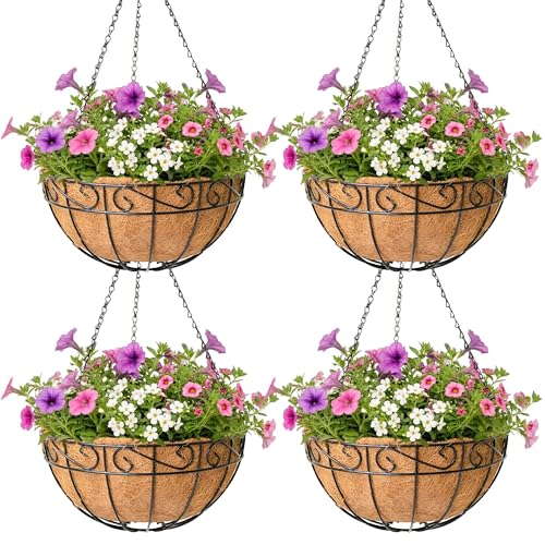 4 Pack Hanging Planter for Outdoor Plants 12 inch Metal Hanging Flower Basket with Coco Coir Liner Round Wire Plant Holder Chain Flower Pots Outdoor Garden Decoration Watering Hanging Baskets（HB） - size: 12" x 4 Pack, style: Flower Border