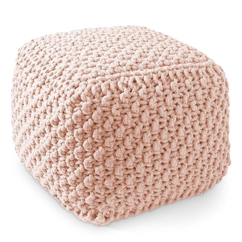 Casafield Square Pouf Ottoman, Light Pink 18.5" W x 18.5" D x 14.5" H Cotton Knit Foot Stool - Boho Floor Pouffe for Living Room, Bedroom, Home Office - color: Light Pink, size: 18.5"D x 18.5"W x 14.5"H