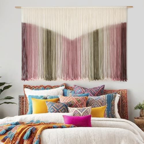 IOWER Large Macrame Wall Hanging Boho Wall Decor Large Scale Tie-Dye Yarn Living Home Room Boho Wall Decor for Bedroom Home Wall Art 57" W x 35" L - color: light pink