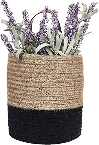 Wall Hanging Storage Baskets - Small Cotton Rope Woven Closet Storage Bins-Shelf Basket Organizer for Plants, Towels,Toys - 6.3" x 7" (Jute & Black) - color: Jute & Black