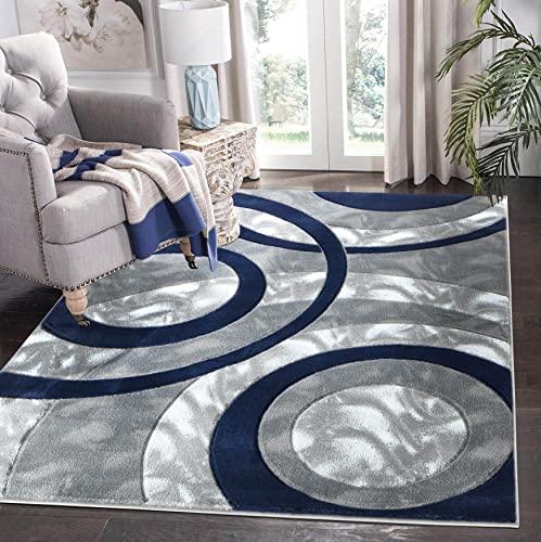 GLORY RUGS Area Rug Modern 2x7 Navy Circles Geometry Soft Hand Carved Contemporary Floor Carpet Fluffy Texture for Indoor Living Dining Room and Bedroom Area - color: Navy, size: 2' x 7' (Rectangular)
