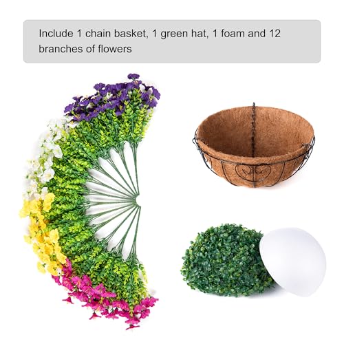 Artificial Faux Hanging Plants Flowers Basket for Spring Summer Outdoors Decoration, Fake Silk Colorful Morning Glory with Eucalyptus Look Real UV Resistant for Outside Porch Patio Balcony Garden Home - color: Multi-color (3 Fuchsia, 3 Purple, 3 Yellow, 3