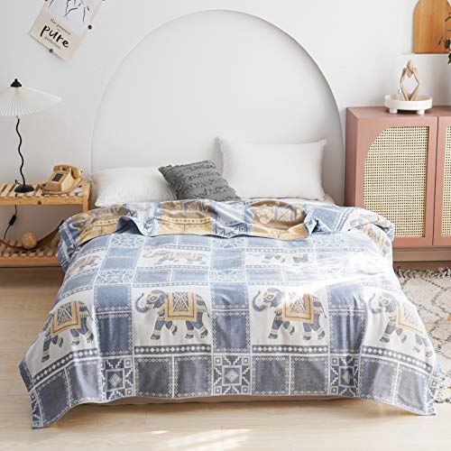 MEJU Elephant Check Geometric Muslin Lightweight Summer Blanket for Bed Sofa Couch, 100% Combed Cotton 2 Layer Soft Warm Quick Dry Throw Blanket Bed Coverlet Sheet Blue F/Q 80 in X 90 in - color: Elephant Blue, size: F/Q 80 in x 90 in