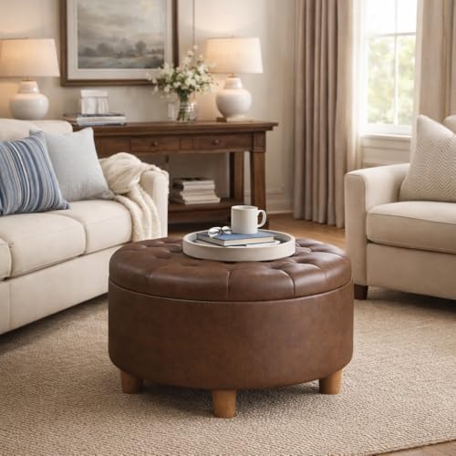 HomePop 28" Button Round Storage Ottoman - Brown Faux Leather - color: Brown Faux Leather