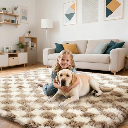 Checkered Rug for Bedroom, 2x6 Beige and White Area Rugs, Classic Checkered Carpets Shag Area Rug, Bedside Rugs for Living Room Bedroom Room Home Decor - color: Beige and White, size: 2' x 6' (Rectangular)