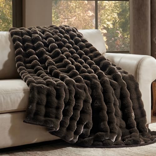 EverGrace Ultra Soft Luxury Fluffy Faux Rabbit Fur Throw Blanket, Thick Warm Bubble Throw for Bed, Cozy Plush Reversible Blankets for Couch, Chair, Sofa, Dark Brown, 60x80 Inches - color: Dark Brown, size: 60"x80"