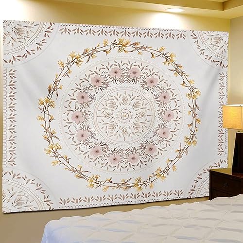 Orange Bohemian Tapestry Wall Hanging, Mandala Floral Medallion Hippie Tapestry with Light Brown Aesthetic Wreath Design, Cream Wall Decor Blanket for Bedroom Home Dorm
