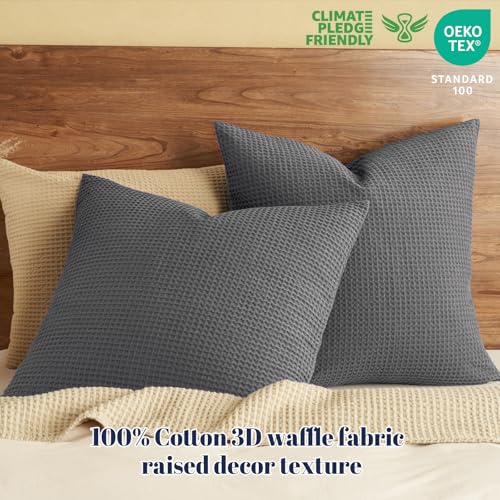 PHF 100% Cotton Waffle Weave Throw Pillow Cover, 22" x 22", No Filling, 2 Pack Elegant Home Decorative Square Throw Pillow Covers for Bed Couch Sofa, Charcoal Grey - color: Charcoal Grey, size: 22" x 22" (Pack of 2)