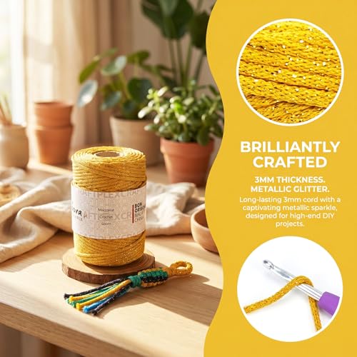 3mm Sparkle Polyester Macramé Cord - 150g/66yds Metallic Glitter Braided Cord for Crocheting Bags, Baskets, Macramé Plant Hangers & DIY Crafts, Machine Washable (7#Yellow Gold) - color: 7#yellow Gold