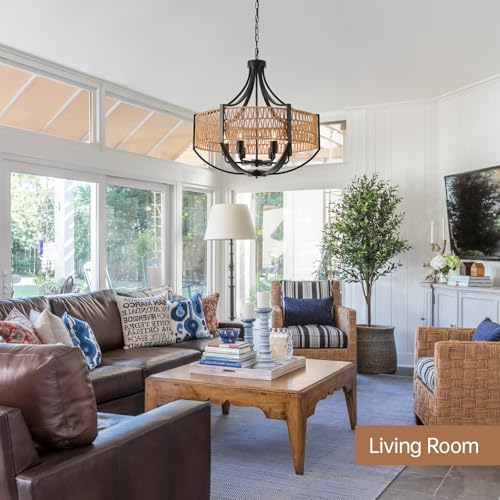 25.6" Large Rattan Farmhouse Chandelier, 6-Light Boho Black Modern Chandelier Light Fixture, Rustic Wicker Chandelier with Woven Shade for Dining Room, Living Room, Bedroom - color: V-Weave Round Rattan, size: Large 6 light 25.6 inches
