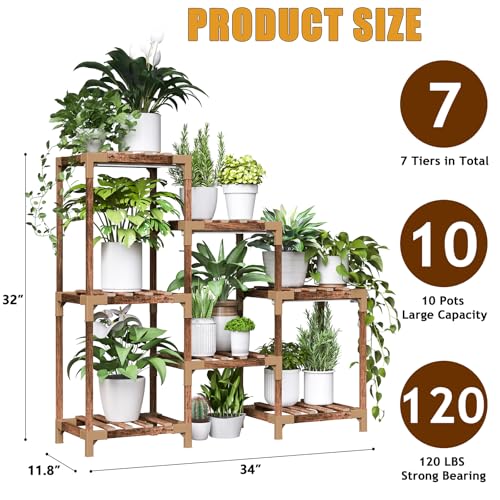 HOMKIRT Plant Stand with Grow Light, Plant Shelf Indoor for Mutiple Pots, 7 Tiers Wood Plant Ladder Holder Flower Stand for Corner Living Room Patio Boho Home Decor