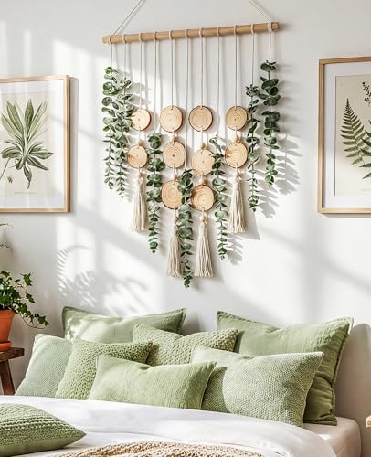 Artificial Eucalyptus Wall Hanging, Fake Greenery Leaves Stems with Wood Slices Wall Hanging Plants on Wooden Stick, Boho Wall Art Decorative for Bathroom, Living Room, Bedroom, Dining Room