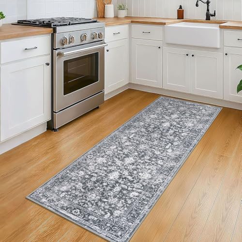 KILOCOCO Hallway Runner 2x5 Kitchen Runner Rug Printed Vintage Floral Washable Non-Slip Runners for Hallways Laundry Room Rugs Distressed Boho Rug Runners for Bedroom, Grey - color: Grey/White, size: 2' x 5' (Runner)